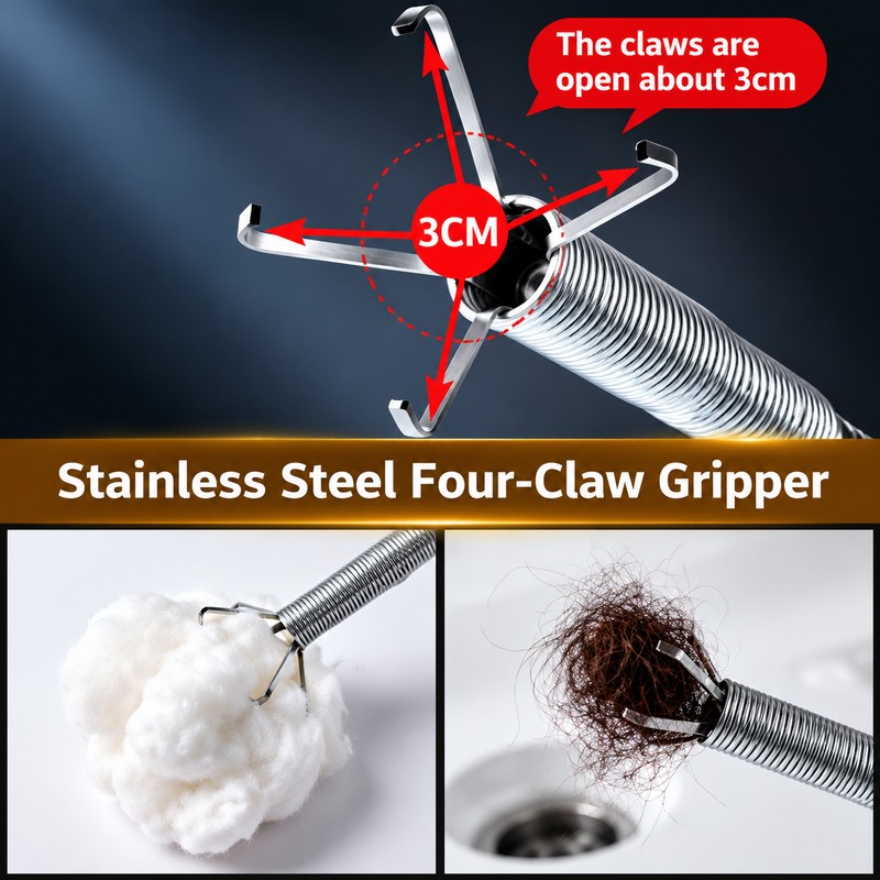 Telescopic Drain Cleaning Tool – Flexible Four-Jaw Pipe Unclogger for