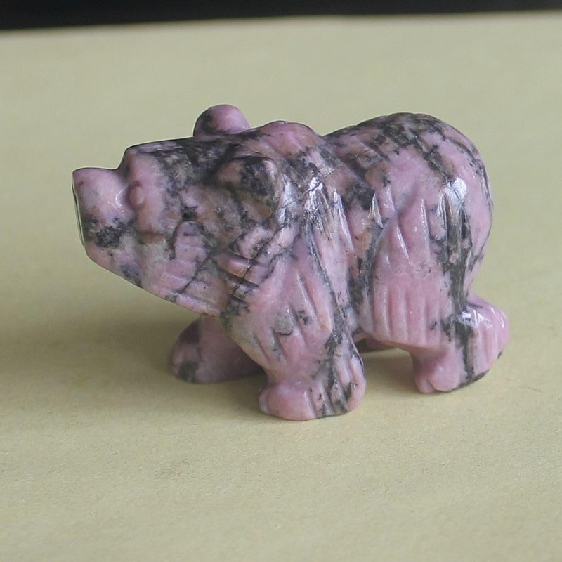 Hand Carved Mixed Gemstone Crystal Bear Figurine Animal Carving (Rhodonite)