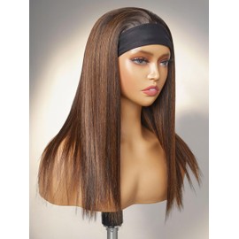 GORGIUS Straight Headband Wigs with Brown Highlights Ready to Go Synthetic Head Band Wig For Beginner 16 Inch