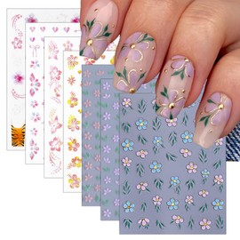 7Sheets Spring Flower Nail Stickers Glitter Flower Nail Art Stickers Colored Floral Nail Decals 3D Self-Adhesive Summer Green Leaves Butterflies Nail Supplies for Women DIY Nail Art Decorations