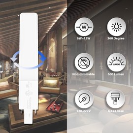 GX23 Base LED Bulbs, 6W (13W CFL Equivalent) Slim 2-Pin PL Horizontal LED Light, 5000k Cool White, 360° Beam, 120–277V Plug-and-Play, Energy Efficient CFL Replacement, UL Listed – 10 Pack