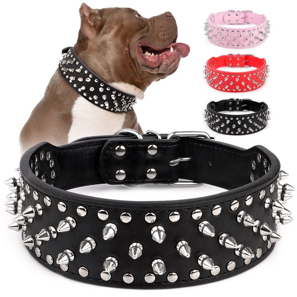 Epesiri Adjustable Wide Spiked Dog Collar, Mushroom Rivet PU Leather
