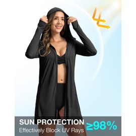 Soothfeel Women's UPF 50+ Swim Cover Up Sun Protection Hoodie SPF Lightweight Jacket Long Sleeve Beach Cover Ups for Women (Black,L)