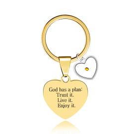 Uloveido Black Gold Color Round Teardrop Heart Mustard Seed Keychains for Women Girls, Engraved Encouragement Keyrings, God has a plan: Trust it. Live it. Enjoy it (Heart-Gold)