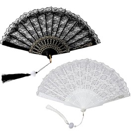 VONJUMA Pack of 2 Fans 1920s Hand Fan Lace Vintage Fan Lace Fan 20s Women's Costume Dance Show Wedding Carnival Party Flapper Accessories Black White