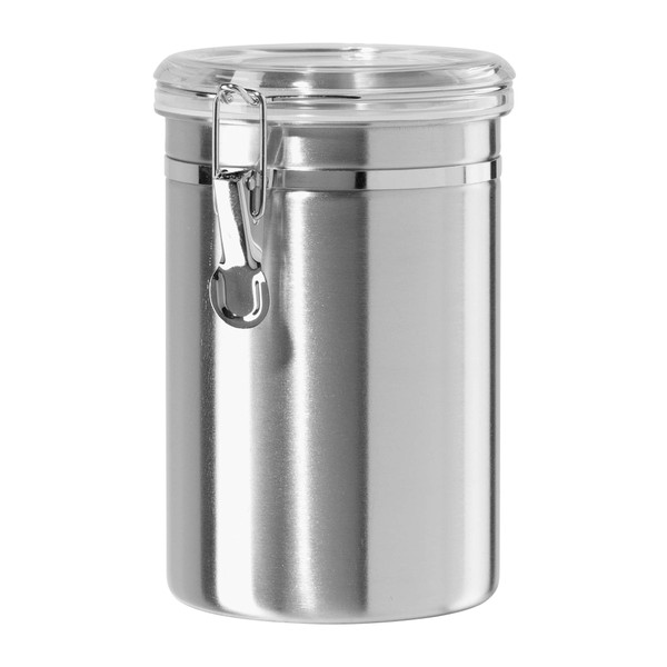 Oggi Stainless Steel Kitchen Canister 62 fl oz - Airtight Clamp Lid, Clear See-Thru Top - Ideal for Kitchen Storage, Food Storage, Pantry Storage. Large Size 5" x 7.5".