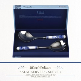 Spode Blue Italian Salad Servers Set - 10 Inch Spoon & Fork Serving Utensils Duo with Porcelain Handles and Stainless Steel Head