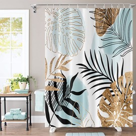 Umpoo Abstract Mid Century Shower Curtain 60Wx72H Boho Geometric Light Blue Black Golden Leaves Minimalist Aesthetic Modern Art Fabric Waterproof Home Bathroom Decor 12 Plastic Hooks