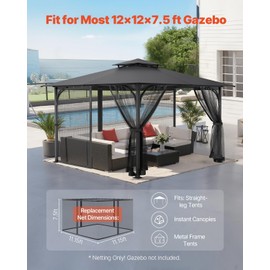 VEVOR Gazebo Netting Replacement, Fit Most 12 x 12 x 7.5 FT Gazebo Curtain, Outdoor Garden Net, 4-Panel Sidewall Mesh Net, Patio Midge Netting with Double Zipper, Canopy Screen (Netting Only)