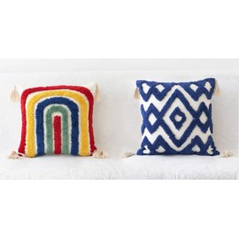 Archie & Pixie Set of 2 Tufted Throw Pillow Cushion Covers with Fringed Tassels 18" X 18" (Bold Rainbow & Blue Diamond Pattern)