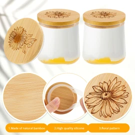Gueevin 12 Pieces Yogurt Jar Lids Bulk Bamboo Wooden Lids Set Compatible with Oui Yogurt Jars Round Reusable with Silicone Sealing Rings Brave Flower Rose Sunflower Daisy for Kitchen Food Storage