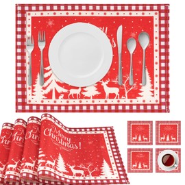 8pcs Christmas Placemats Sets, Christmas Table Mats and Coasters, Heat Proof Xmas Place Mats for Christmas Party Winter Holiday Wedding Dinner Table Decoration (Elk)