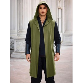 Runcati Mens Renaissance Hooded Surcoat Medieval Knight Sleeveless Tunic Tops Tabard Costume Viking Holloween Cloak Army Green