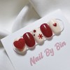 [Handmade Nail Tips] Red Pearl Heart Nails - Square /