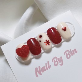 [Handmade Nail Tips] Red Pearl Heart Nails - Square / [수제네일팁] 레드펄하트 네일 - 스퀘어