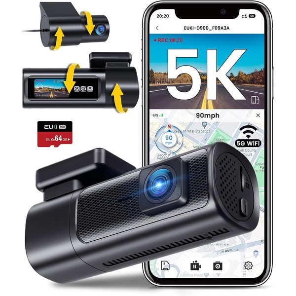 EUKI Dashcam Car Front Rear 5GHz WiFi GPS, 5K/4K 60fps + 2.5K Car Camera with 64G SD Card, 1.5 Inch IPS Screen Dash Cam, STARVIS Night Vision, HDR, 24H Parking Monitoring, Max 512GB, 360° Rotatable