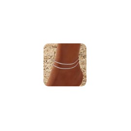 Tewiky Sterling Silver Ankle Bracelets for Women,Dainty Layered Waterproof Anklet for Women Adjustable Sparkly Rope Chain Set Stackable Summer Beach Jewelry Gift