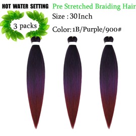 Pre Streched Braiding Hair Extensions 30 Inch 3 Packs Black to Purple to Burgundy Synthetic Colored Braiding Hair Crochet Braids Hair Hot Water Setting Soft Yaki Texture (30",1BPurple900)