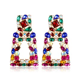 Flyonce Large Statement Drop Earrings for Women Jewelry, Rhinestone Crystal Rectangle Geometric Dangle Earrings Bohemian Dangling Multicolor
