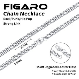 Jewlpire Silver Chain for Men Women, 5.5mm Men's Chain Necklace Stainless Steel Mens Figaro Chain Necklaces Mens Silver Chain, Silver Chain 16 Inches