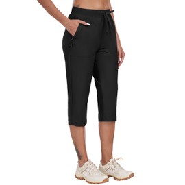 MoFiz Womens Cargo Capris Hiking Pants Lightweight Quick Dry Summer Outdoor Cargo Athletic Travel Pants with Zip Pockets Black L