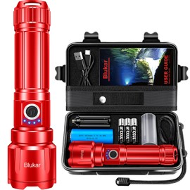 Blukar LED Torch, 500000 Lumens Super Bright Torches Led - Adjustable Focus, 5000 mAh, IP67 Waterproof, Powerful Long Lasting Handheld Flashlight for Power Cuts, Camping, Emergency-Red