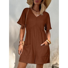 AlvaQ Womens Romper Dressy 2025 Summer Outfits Solid Color V Neck Batwing Short Sleeve Rompers Shorts Jumpsuit with Pockets Brown Large