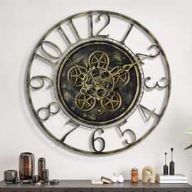 Maxstar Large Moving Gear Wall Clock for Living Room Decor,Vintage Industrial Steampunk,Metal Wall Clock Decorative for Home Office, Dinning Room,Farmhouse(Antique Brass,Arabic Number,24 INCH)