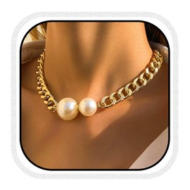 Unicra Chunky Gold Necklace Pearl Cuban Link Chain Necklace Thick Choker Necklaces for Women (Gold)