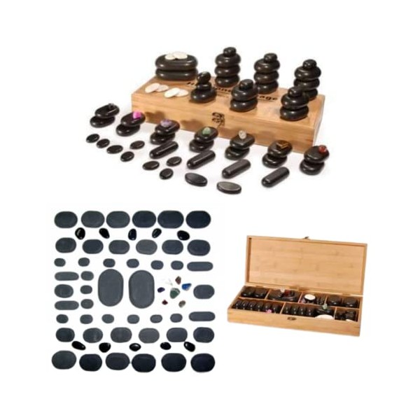 64 Piece Hot Stone Massage Set - Natural Volcanic Basalt Lava Stone Kit with Cold Marble + Chakra Stones - Relaxing Therapy + Bamboo Wood Presentation Storage Box + Large Medium Small Toe + Eye Stones
