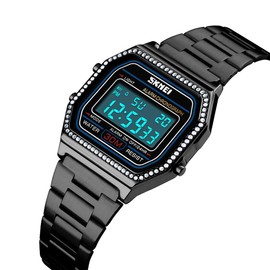 MASTOP Luxury Women Watches Full Steel Electronic LED Digital Fashion Ultra Thin Square Ladies Wrist Watches (Black)