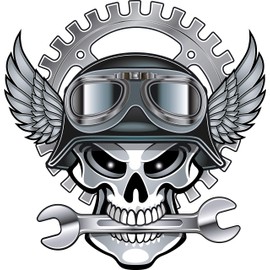 Simple Silver Skull with Motorcycle Helmet and Goggles Cartoon Icon Vinyl Sticker (2" Tall)