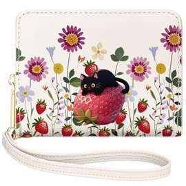 YINHEXI Women's Bifold Wallet with Accordion Card Organizer RFID Blocking Small Leather Purse Credit Card Holder for Women Ladies Teens with ID Window, Cat Strawberry, Simple