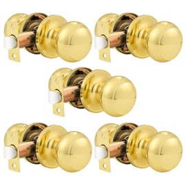 Probrico Round Door Knobs Passage Lock Polished Brass for Closet Hallway Passage Handle Keyless Lockset 5 Pack