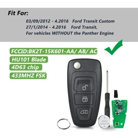 GZXNKEY For Ford Key Fob 433Mhz 4D63 Chip For Ford Transit Key Fob Remote Key Ford Transit Custom Key with HU101 Blade