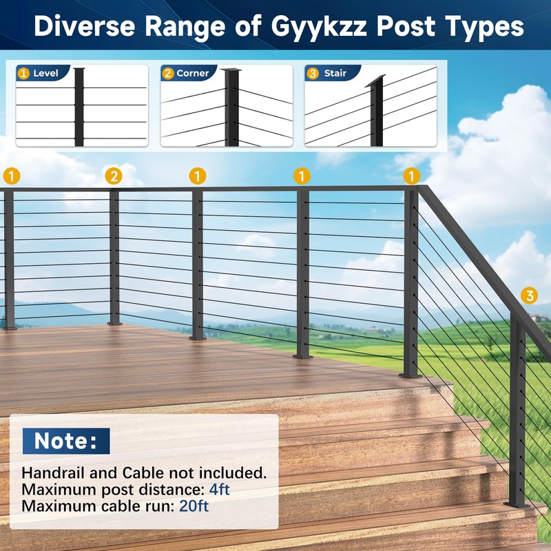 Gyykzz 36" Black Cable Railing Post, Fixed Top Level Drilled