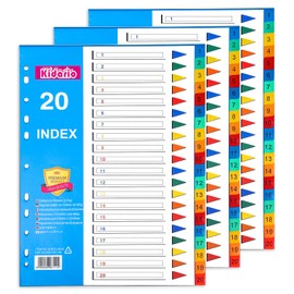 File Dividers A4, 3 Pack 20 Part Folder Dividers 1-20 Coloured Plastic A4 Dividers for Lever Arch Files Ring Binders Office School Index Dividers