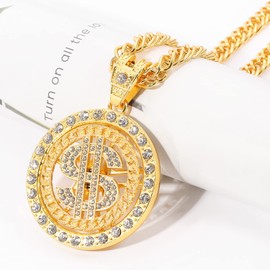Weahre Dollar Sign Necklace Hip Hop 80s 90s Old School Rapper Costume Big Chunky Punk Pendant Plated Chain for Men Outfits (Gold, 1)