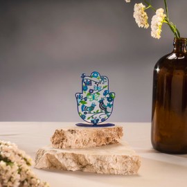 Yair Emanuel Small Standing Hamsa Hand Amulet 4 inch | Colorful Good Luck Charm | Hamsah Stand Home Blessing | Judaica Art Gift (Birds - Blue SHG-19)