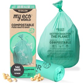 MyEcoWorld® Compostable Kitchen Waste Bags - 144 Count - 100% Certified Compostable - 13 Gallon - Super Strong - Leak Proof - Unscented - Easy to Open