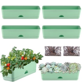 6 Pack Rectangle Planter 16x4.4 Inch Window Boxes Planters Rectangular Large Window Sill Planters Indoor Self Watering Plant Pots with Drainage Holes and Saucers Succulent Herb Flower Pots, Green