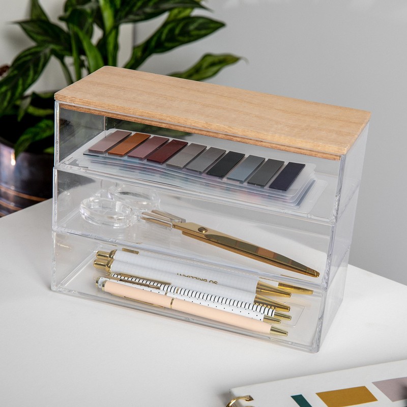 Martha Stewart Brody Plastic Storage Organizer Bins with Paulownia Wood