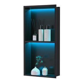 Qeke Stainless Steel Shower Niche 12" X 24", 2-Tiers No Tile Needed Wall Niche with RGB Led Light, Recessed Shower Shelf for Bathroom Storage Over Mount Installation, Matte Black