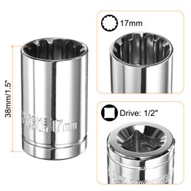 HARFINGTON 12 Point Socket 1/2" Drive by 17mm Metric Shallow Socket Chrome Vanadium Steel 12-Point Standard Sockets Mechanic Hand Tool for Car Repair Mechanical Maintenance Home Use