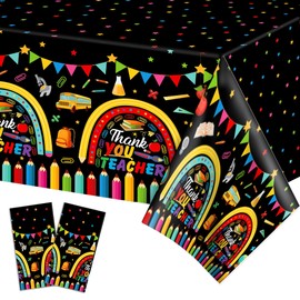 2 PCS Thank You Teacher Party Tablecloths,87" Lx51 W Rectangular Plastic Table Covers,Kids' Party Disposable Tablecloths Party Decoration Supplies