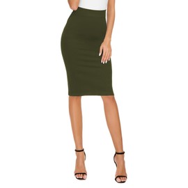 Women's Elegant Business Solid Elastic Pencil Skirt High Waist Bodycon Midi Skirt, Army Green