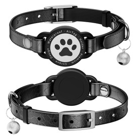 Odokele Leather Airtag Cat Collar - Waterproof Cat Collar AirTag Holder with Metal Buckle | Comfortable, Glossy Cats Tracker Collars with Bell for Girl Boy Cats, Kittens, and Puppies (Black)