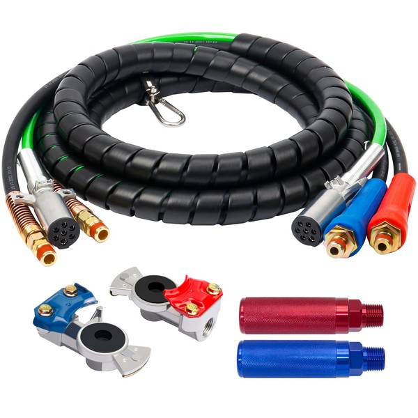 boeray 3 in 1 15 Ft Length Wrap Heavy Duty 7 Way Truck Tractor Trailer Rig Electric Cable Wrap Cord ABS & Air Line Hose Assembly with Aluminum Emergency Universal Glad Hands and Anodized Glad Handle