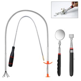 4 Pack Telescoping Magnet Pick-up Tool Set - Retrieving Telescoping Magnet Pickup Tools, Telescoping Inspection Mirror, Bendable Spring Magnet Stick, Flexible Extra Long Reach Bendable Curve Grabber