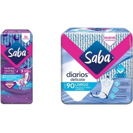 Saba Ultra Invisible Buenas Noches, Toallas Nocturnas Con Alas, Flujo Súper Abundante, 22 Pzs, Grande + Protectores Diarios Largo 90 Piezas